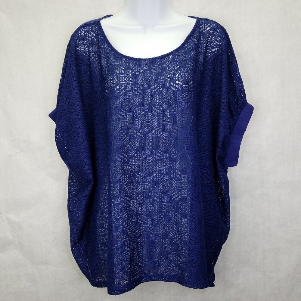 Akemi + Kin Anthropologie Bratton Shirt M/L Blue Crochet Lace Short Sleeve Top